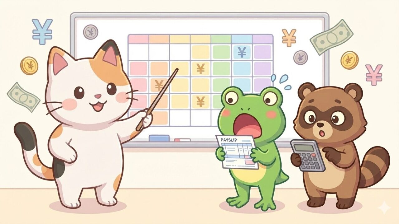 ホワイトボード上の大きなカレンダーを指差して、カエルとタヌキのキャラクターに説明している可愛い三毛猫（マッピー）のキャラクター（先生）。カエル（カエルン）はショックを受けた表情で給与明細を持っており、タヌキ（タヌピ）は電卓を持っている。