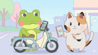 バイクのハンドルにスマホをセットして困っているカエルン（カエル）と、もう一台のスマホを手に持って笑顔でアドバイスするマッピー（三毛猫）のイラスト