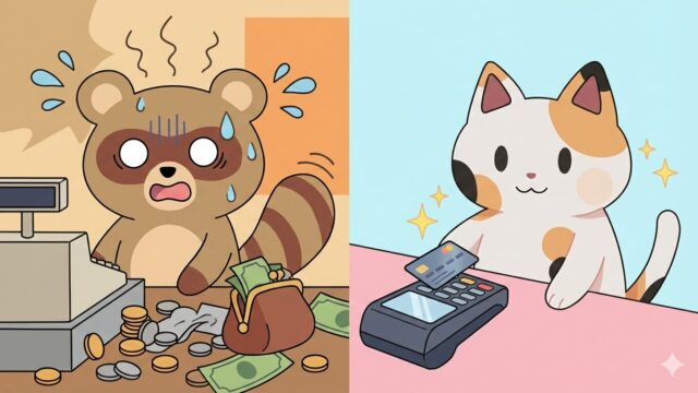 キャッシュレスで楽々支払いする三毛猫（マッピー）と現金払いで大変そうなタヌキ（タヌピ）