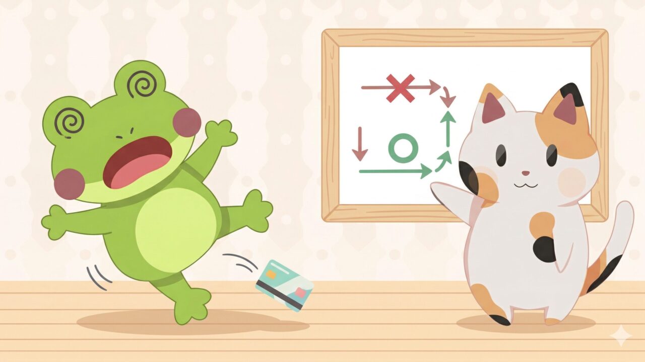 ファミペイとバニラVisaの改悪にショックを受けるカエルンと、新しいANA Payルートを教えるマッピーのイラスト