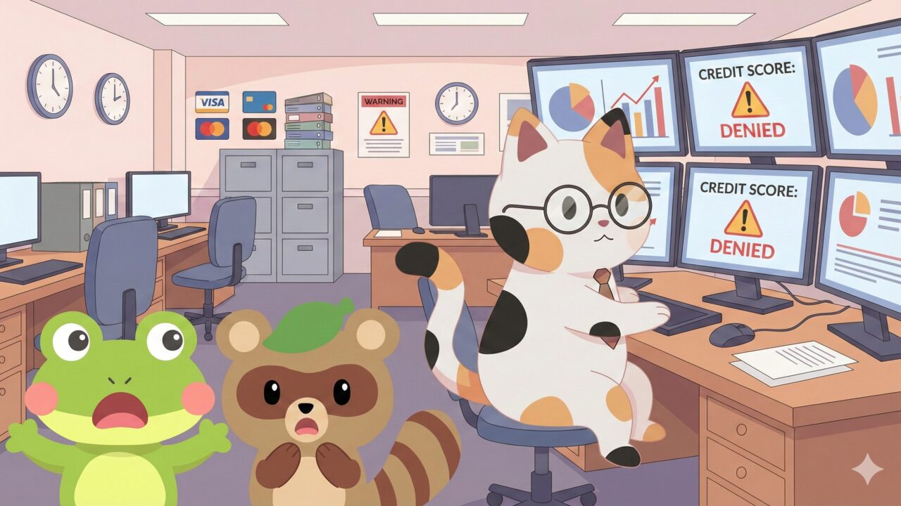 クレジットカード会社のオフィス（審査室）をイメージした背景。マッピー（猫）が眼鏡をかけて、モニターを見ながら審査をしている（プロの雰囲気）。手前でタヌピ（タヌキ）とカエルン（カエルン）が『えっ！？』と驚いている構図。