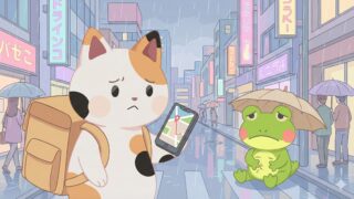 配達バッグを背負い、スマホの地図を見ながら困っている可愛い三毛猫のキャラクター。空腹を抱えて食べ物を待っているカエルのキャラクター。雨または忙しい街の背景。柔らかいパステルカラー、きれいな線、日本のブログスタイル。