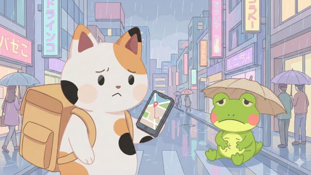 配達バッグを背負い、スマホの地図を見ながら困っている可愛い三毛猫のキャラクター。空腹を抱えて食べ物を待っているカエルのキャラクター。雨または忙しい街の背景。柔らかいパステルカラー、きれいな線、日本のブログスタイル。