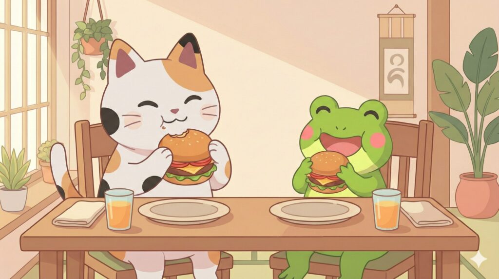 マッピーとカエルンが美味しそうにハンバーガーを食べているイラスト