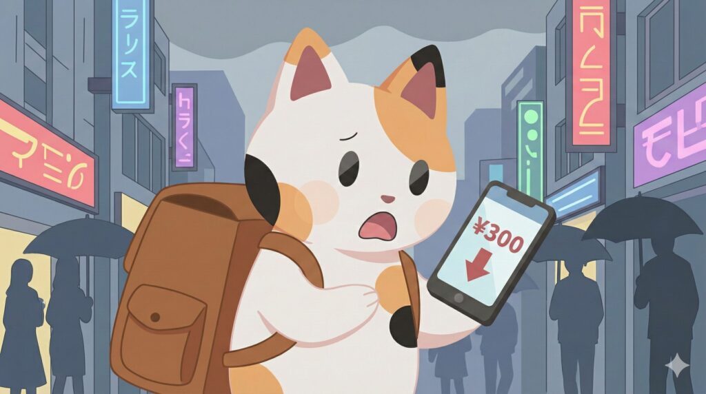 スマホを見て困っている配達員の猫。フラットなベクターイラスト。配達バッグを背負い、低い報酬額が表示されたスマホの画面を見ながらショックを受けて困っている可愛い三毛猫のキャラクター。薄暗い、または忙しい街の背景。柔らかいパステルカラー、きれいな線、日本のブログスタイル。