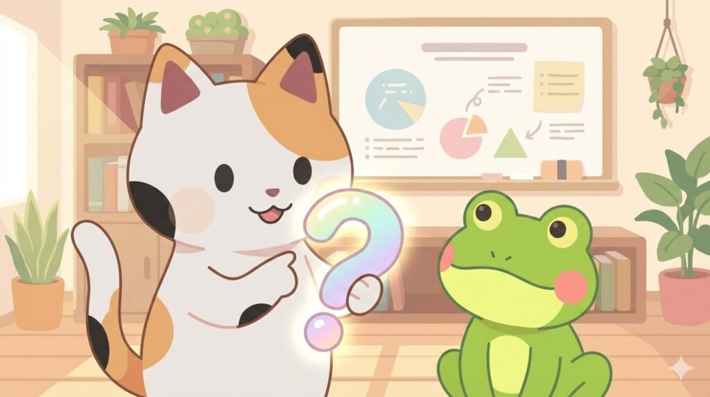 マッピーがクエスチョンマークを持ちながら、優しく疑問に答えているようなイラスト