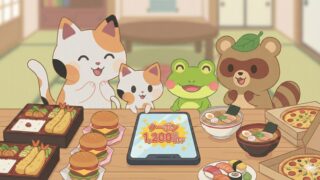 スマホ画面を見て喜ぶマッピーとカエルンたちと、周りに美味しいデリバリーご飯があるイラスト