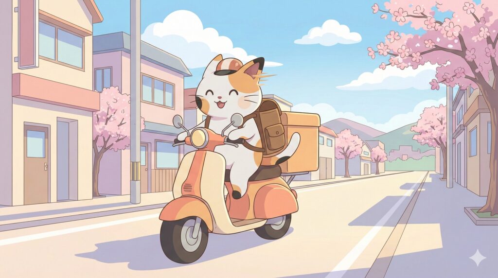 元気に街を走る配達員の猫。フラットなベクターイラスト。配達バッグを背負い、食べ物を早く届けるためにスクーターか自転車に楽しそうに乗っている可愛い三毛猫のキャラクター。明るく晴れた平和な街の背景。柔らかいパステルカラー、きれいな線、日本のブログスタイル。