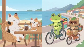 海辺のカフェでのんびりするマッピー(猫)とミニマッピー(子猫)、楽しそうに自転車で配達するカエルン(カエル)とタヌピ(タヌキ)