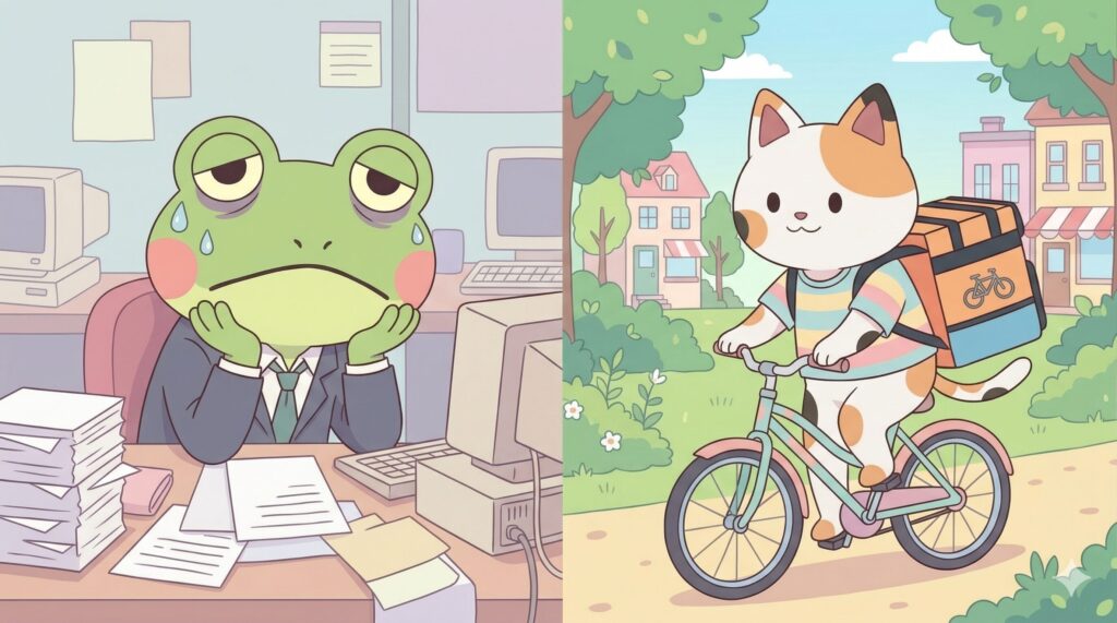 スーツ姿で疲れ切ったカエルン（カエル）と、私服でリラックスしながら自転車に乗るマッピー（猫）の対比イラスト