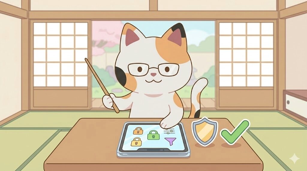 フラットなベクターイラスト。先生のメガネをかけ、指示棒を持ち、タブレットを使って安全について説明している可愛い三毛猫(マッピー)のキャラクター。タブレットの横に盾のアイコンかチェックマーク。柔らかいパステルカラー、きれいな線、日本のブログスタイル。文字なし。