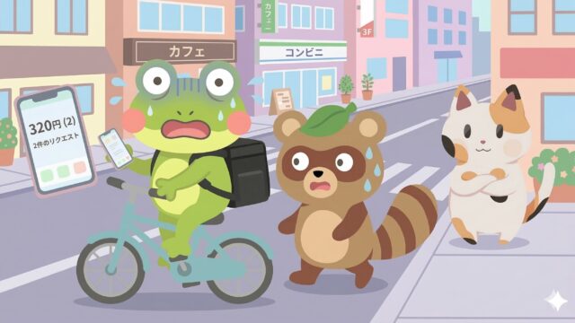 自転車に乗りながらスマホを見て絶望しているカエルン（カエル）と、冷や汗をかくタヌピ（タヌキ）、それを冷静に見つめるマッピー先生（猫）のイラスト