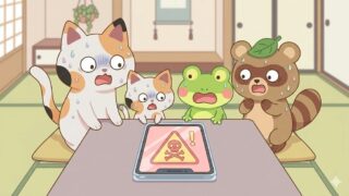 フラットなベクターイラスト。4つのキャラクター：可愛い三毛猫（マッピー）、小さな三毛猫の子猫（ミニマッピー）、カエル（カエルン）、タヌキ（タヌピ）。警告マークやドクロのアイコンが表示された安いタブレットの画面を見ながら、全員がショックを受け、パニックになり、汗をかいている。柔らかいパステルカラー…