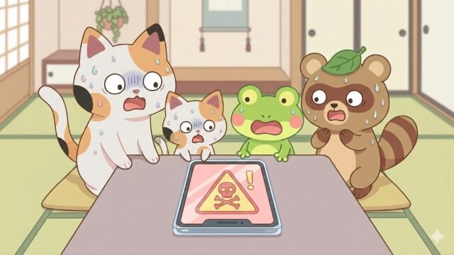 フラットなベクターイラスト。4つのキャラクター：可愛い三毛猫（マッピー）、小さな三毛猫の子猫（ミニマッピー）、カエル（カエルン）、タヌキ（タヌピ）。警告マークやドクロのアイコンが表示された安いタブレットの画面を見ながら、全員がショックを受け、パニックになり、汗をかいている。柔らかいパステルカラー…