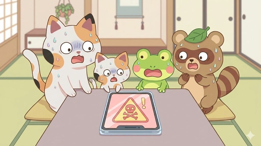 フラットなベクターイラスト。4つのキャラクター：可愛い三毛猫（マッピー）、小さな三毛猫の子猫（ミニマッピー）、カエル（カエルン）、タヌキ（タヌピ）。警告マークやドクロのアイコンが表示された安いタブレットの画面を見ながら、全員がショックを受け、パニックになり、汗をかいている。柔らかいパステルカラー…