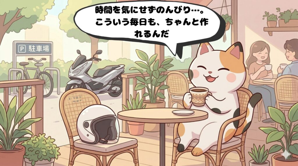 お洒落なカフェのテラス席で、時間を気にせずコーヒーを楽しむマッピー(4コマ漫画4コマ目)