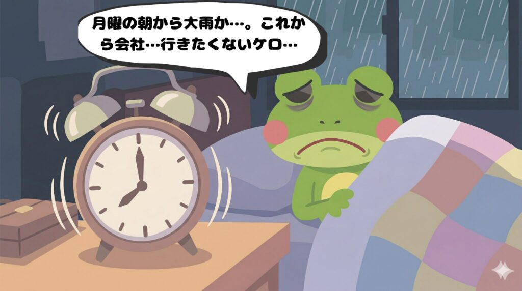 雨の月曜の朝、けたたましい目覚まし時計に絶望するカエルン(4コマ漫画1コマ目)