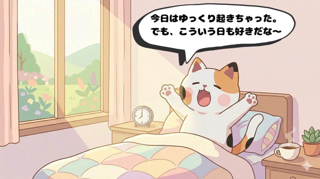 お昼前の暖かい日差しの中、のんびりと自然に目覚めるマッピー(4コマ漫画3コマ目)