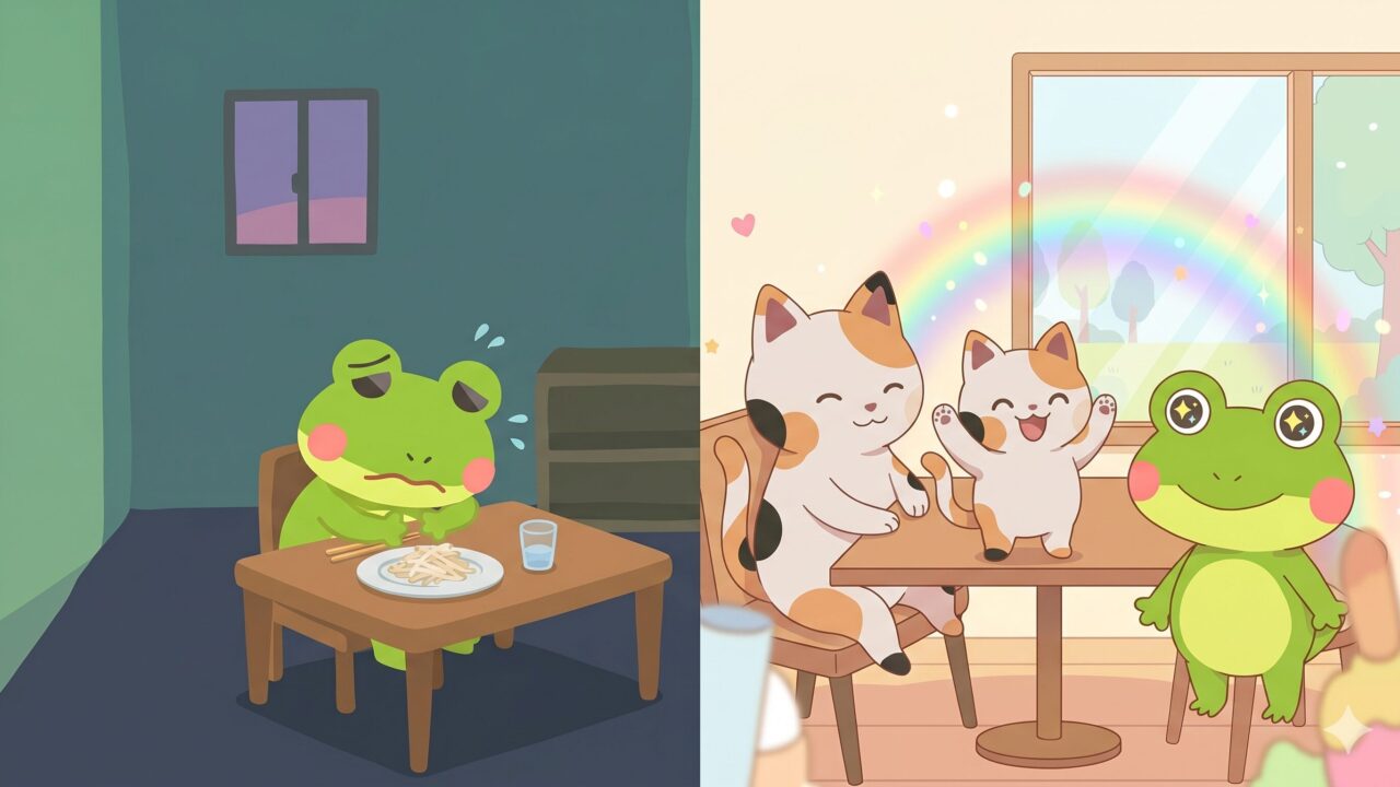 もやし生活で限界を迎えたカエルンと、固定費の見直しで満足度を下げずに節約するマッピー、ミニマッピーの対比（4コマ漫画第3話アイキャッチ画像）