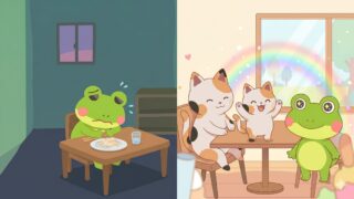 もやし生活で限界を迎えたカエルンと、固定費の見直しで満足度を下げずに節約するマッピー、ミニマッピーの対比（4コマ漫画第3話アイキャッチ画像）