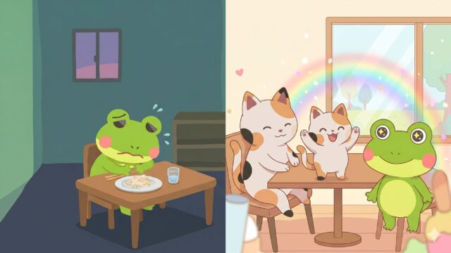 もやし生活で限界を迎えたカエルンと、固定費の見直しで満足度を下げずに節約するマッピー、ミニマッピーの対比（4コマ漫画第3話アイキャッチ画像）