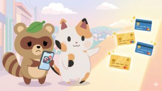 使えなくなったスマホアプリを見てがっくり肩を落とすタヌピ（タヌキ）と、新しい道（三種の神器）を指差して導くマッピー（三毛猫）のイラスト