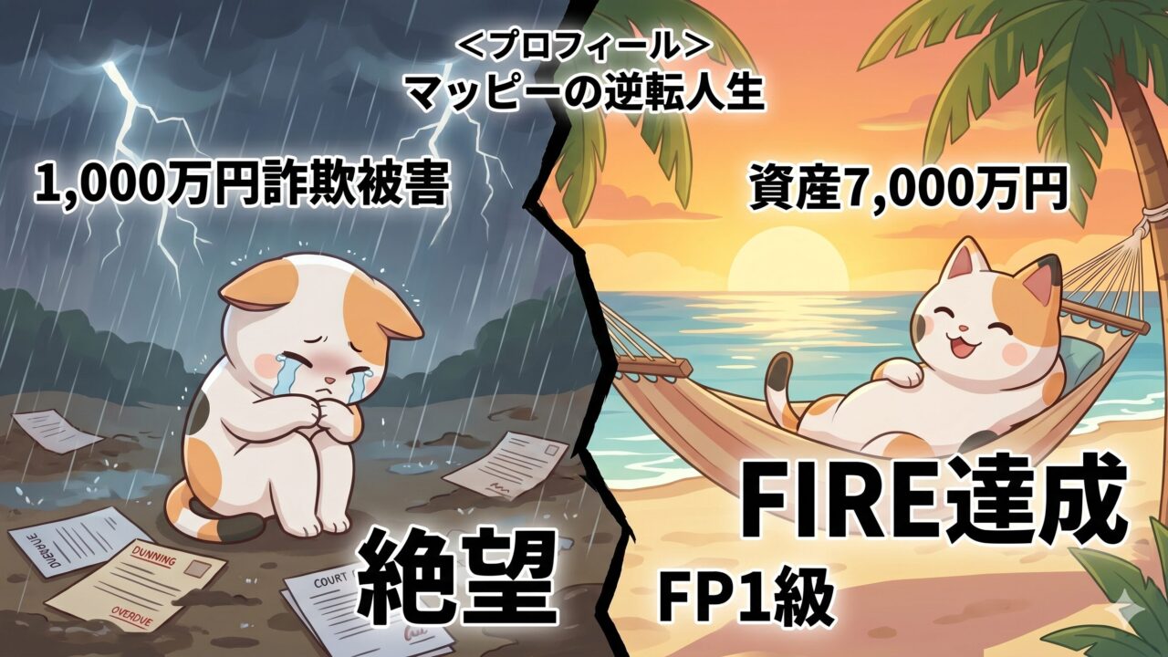 画面がギザギザの線で左右に分割されたイラスト。左側は激しい雷雨の中、「1,000万円詐欺被害」「絶望」という文字と共に泥だらけで泣いている三毛猫のマッピー。右側は美しい夕暮れのビーチでハンモックに揺られ、「資産7,000万円」「FIRE達成」「FP1級」という文字と共に笑顔でくつろぐマッピー。中央上部には「＜プロフィール＞マッピーの逆転人生」と記載されている。
