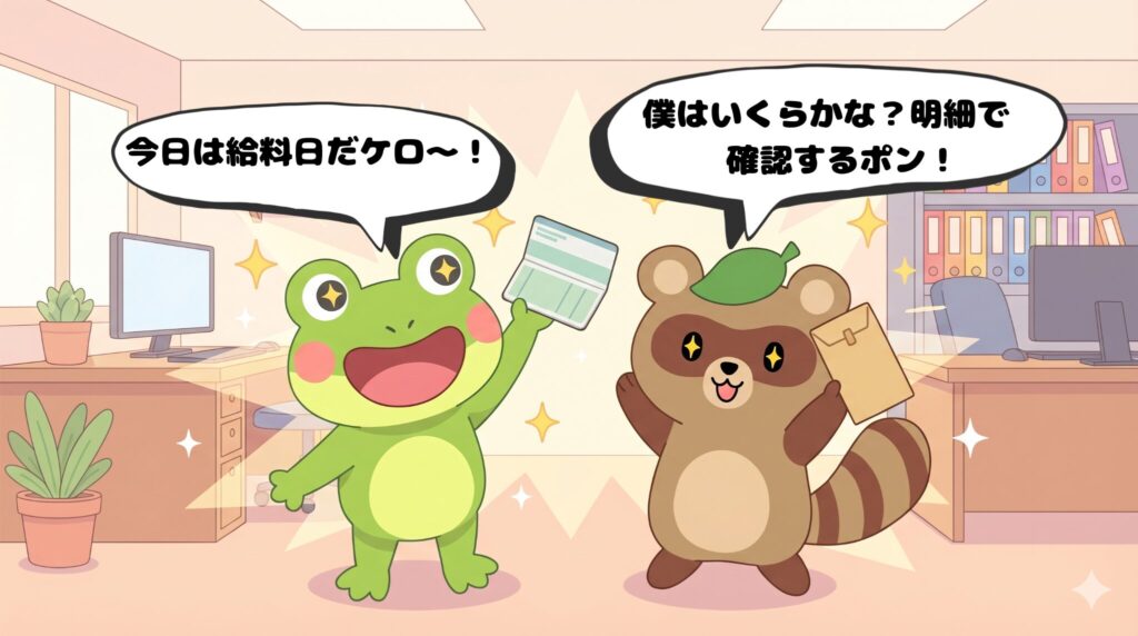 給料日を喜んで明細を楽しみにしているカエルンとタヌピ(4コマ漫画1コマ目)