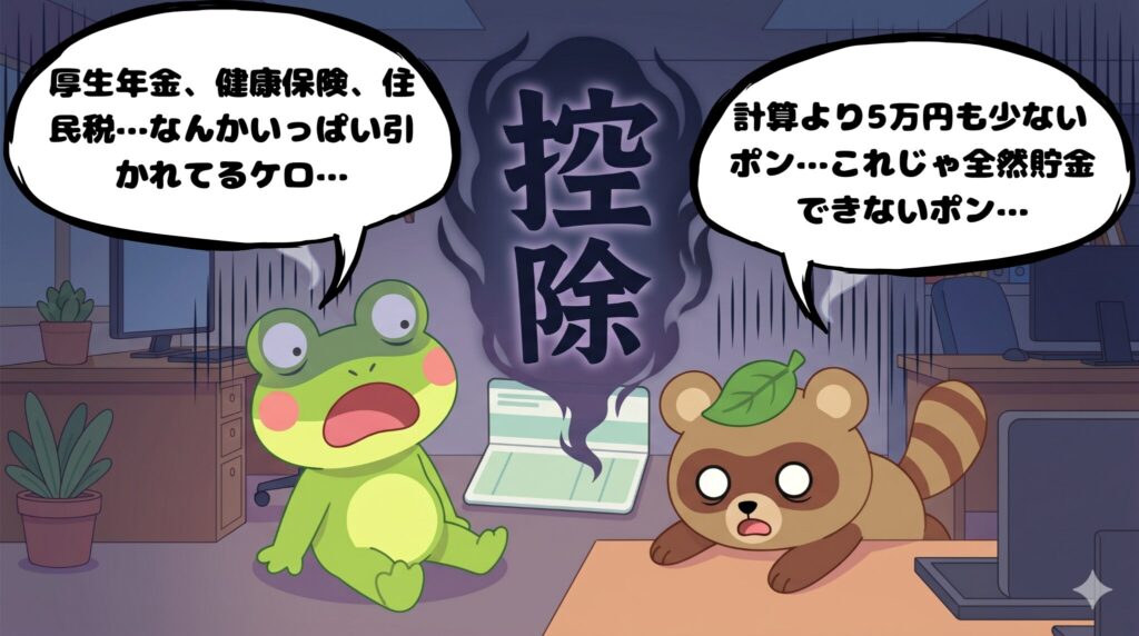 引かれた税金と社会保険料の多さに顔面蒼白で崩れ落ちるカエルンとタヌピ(4コマ漫画2コマ目)
