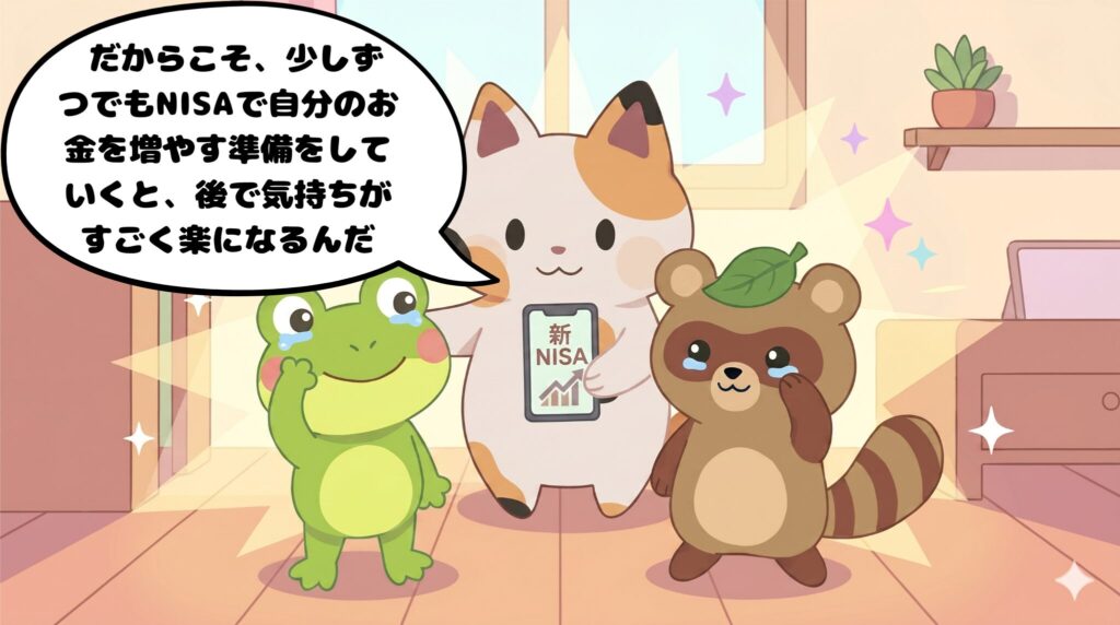 スマートフォンで新NISAの画面を見せながら、資産運用の提案をするマッピー(4コマ漫画4コマ目)