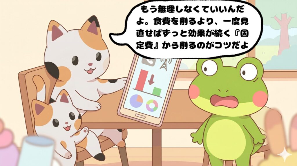 フラフラのカエルンに、スマートフォンを見せながら固定費の見直しを優しく提案するマッピーとミニマッピー（4コマ漫画3コマ目）