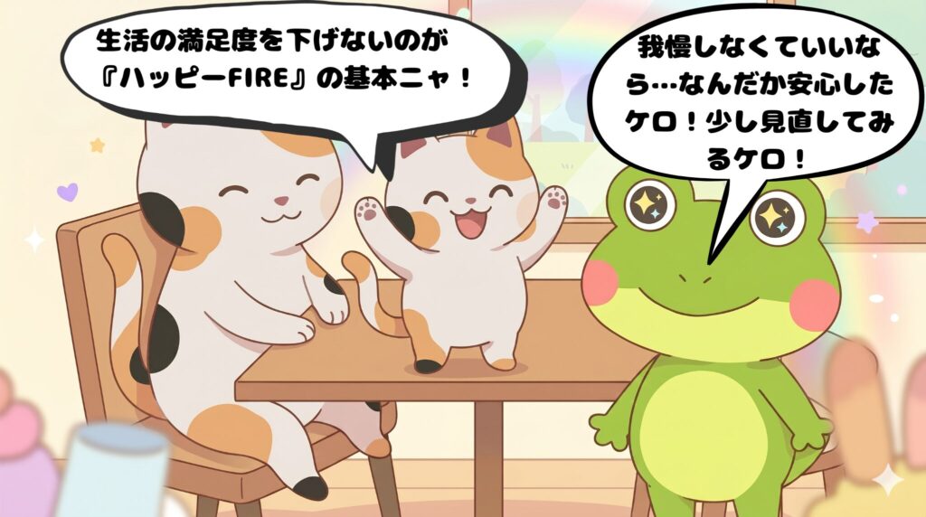 ミニマッピーの言葉を聞き、希望に満ちた表情で通信費や保険の見直しを決意するカエルン（4コマ漫画4コマ目）