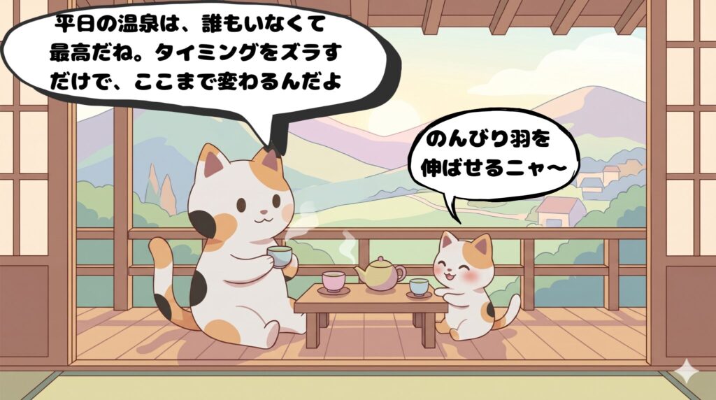 平日の誰もいない静かな温泉宿で、景色を眺めながらのんびりとお茶を飲むマッピーとミニマッピー（4コマ漫画2コマ目）