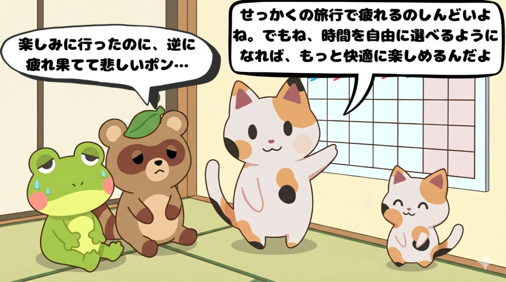 疲れ切ったカエルンとタヌピに、寄り添いながら時間の自由について優しく語るマッピー（4コマ漫画3コマ目）