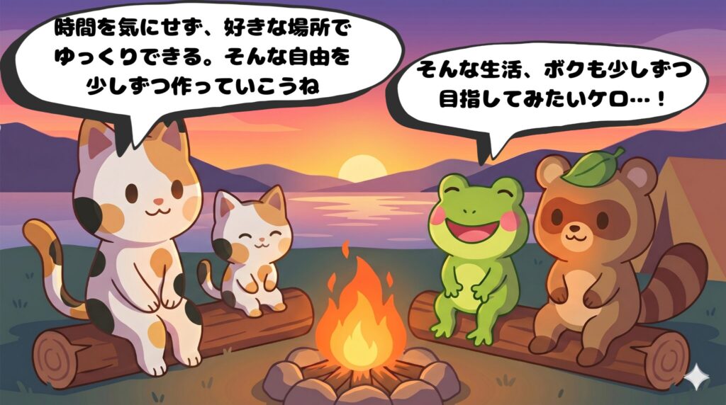 美しい夕日を背景に、穏やかな希望を感じる4匹のキャラクター（マッピー、ミニマッピー、カエルン、タヌピ）（4コマ漫画4コマ目）