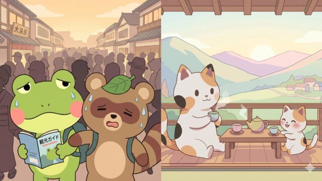 人混みの観光地で疲れ切ったカエルン、タヌピと、平日の温泉宿で優雅に過ごすマッピー、ミニマッピーの対比（4コマ漫画第4話アイキャッチ画像）