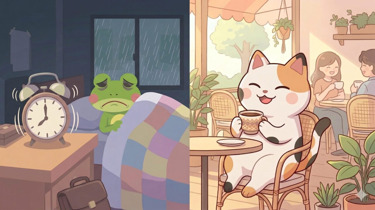 雨の満員電車で絶望するカエルンと、晴れたカフェのテラスでのんびりするマッピーの対比（4コマ漫画第1話のアイキャッチ画像）