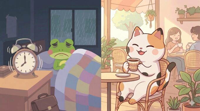 【4コマ漫画 第1話】月曜の朝がつらいあなたへ｜満員電車と時間に縛られない生き方の話