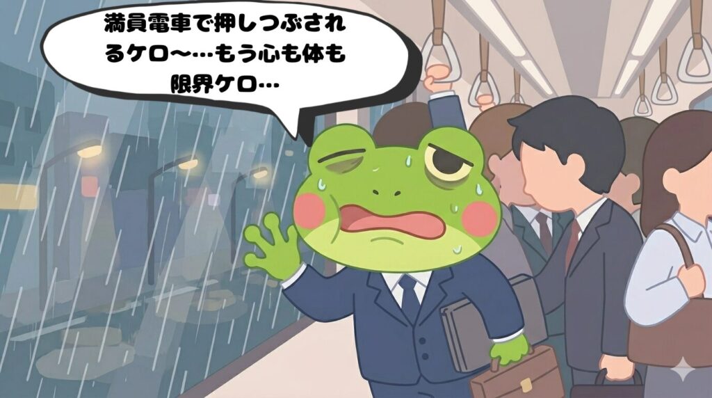 土砂降りの中、満員電車に押しつぶされて疲れ切ったスーツ姿のカエルン(4コマ漫画2コマ目)