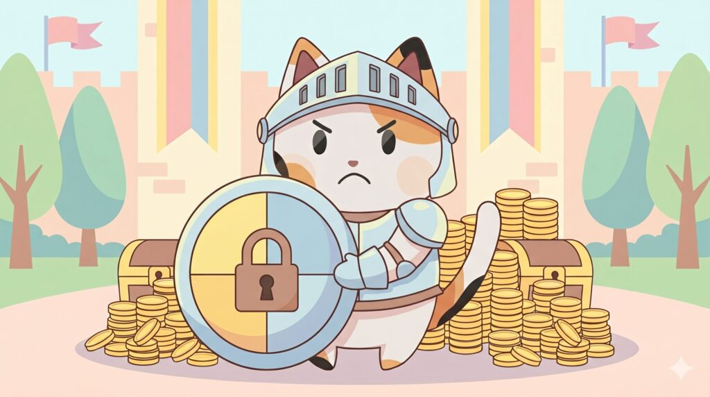 大きな盾(セキュリティ)でお金を守っている騎士姿のマッピー先生(三毛猫)