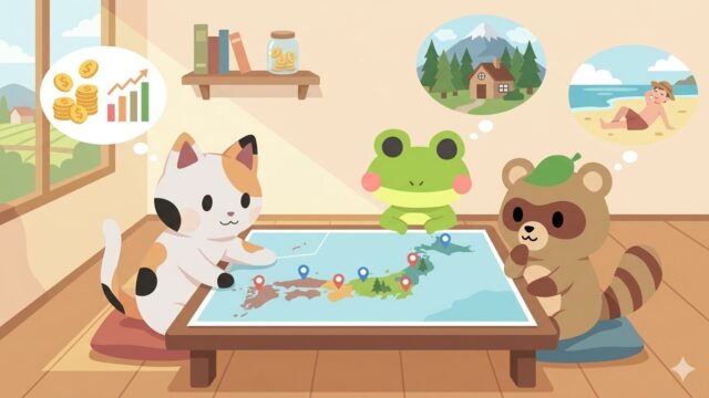 FIRE後の移住先の地図を広げて、カエルン（カエル）とタヌピ（タヌキ）と一緒に悩むFPマッピー（三毛猫）