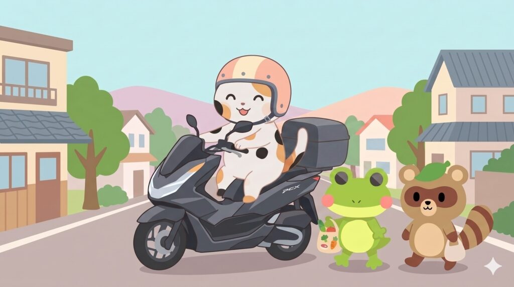 車の代わりに原付二種のスクーター（PCX）に乗って維持費を節約し、嬉しそうにしているマッピー（三毛猫）とカエルン（カエル）、タヌピ（タヌキ）