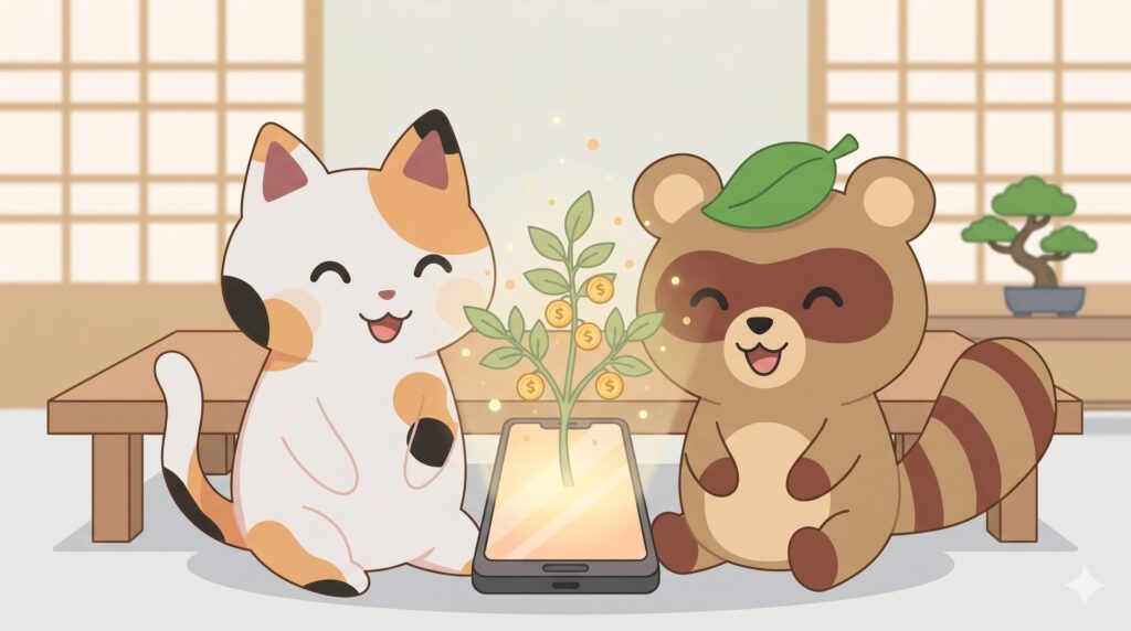 スマホの中で植物（お金のなる木）が育っているのを見て喜んでいるマッピー（三毛猫）とタヌピ（タヌキ）