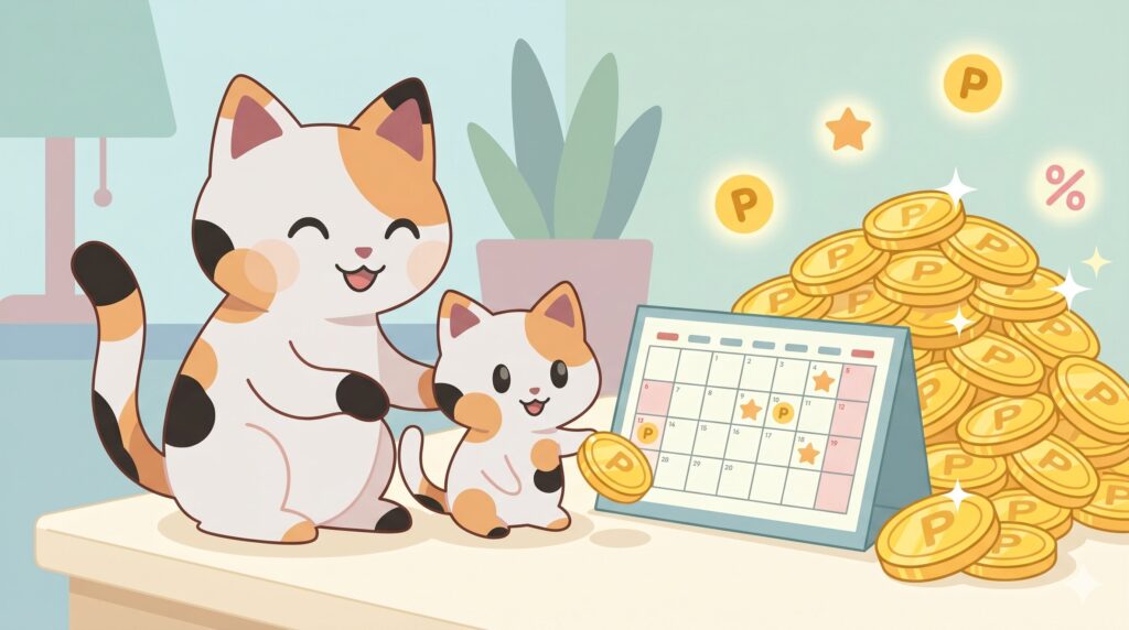 カレンダーと大量のコインを見ながら、割引とポイントで喜ぶマッピー(三毛猫)とミニマッピー(子猫)