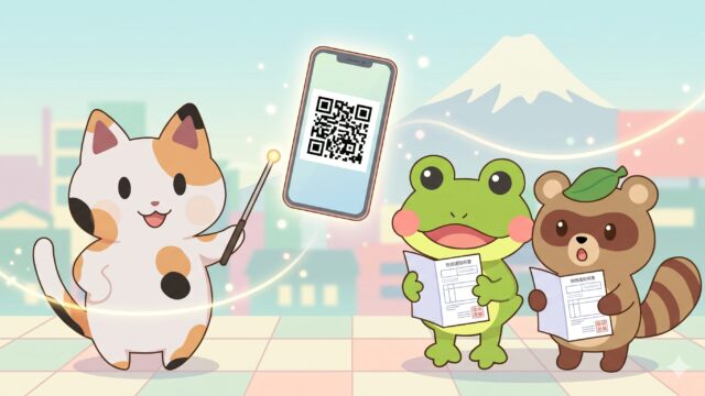 三毛猫のマッピーが、納税通知書を手に驚きつつも希望に満ちた表情のカエルとタヌキに、ポインターとスマートフォンを使って楽天ペイ請求書払いでのお得な方法を解説している、パステルカラーのベクターイラスト。