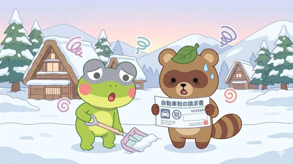 地方移住の隠れコストである毎日の雪かきと車の高額な維持費の請求書を見て青ざめるカエルン（カエル）とタヌピ（タヌキ）