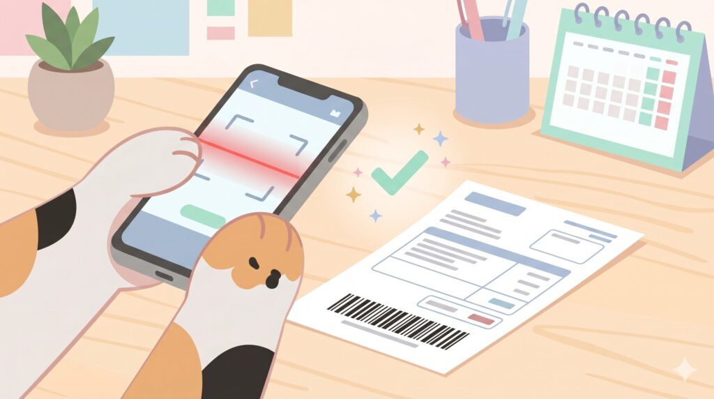 スマホ決済アプリのカメラ機能を使って、机の上に置かれた税金の納付書のバーコードをスキャンしているマッピー（三毛猫）の手元