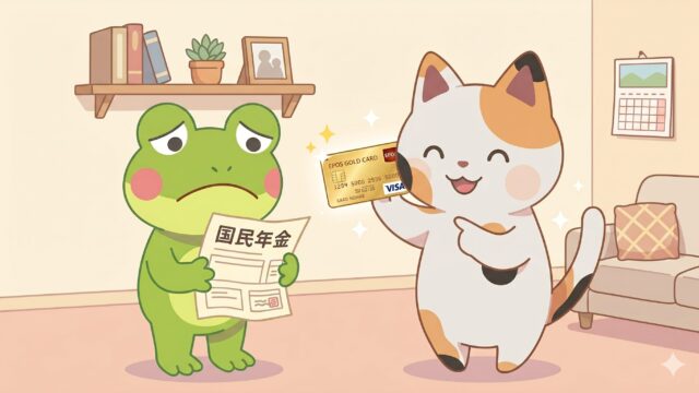 国民年金の納付書に絶望しているカエルン（カエル）と、エポスゴールドカードを持って笑顔で解決策を教えるFPマッピー（三毛猫）