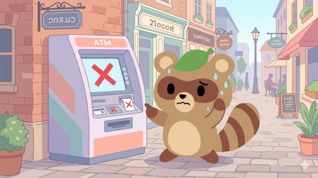 海外のATMで現金が引き出せず、エラー画面を見て困り果てているタヌピ(タヌキ)