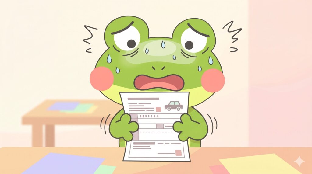 車検書を持ってパニックになり、汗をかきながら焦っているカエルンのイラスト